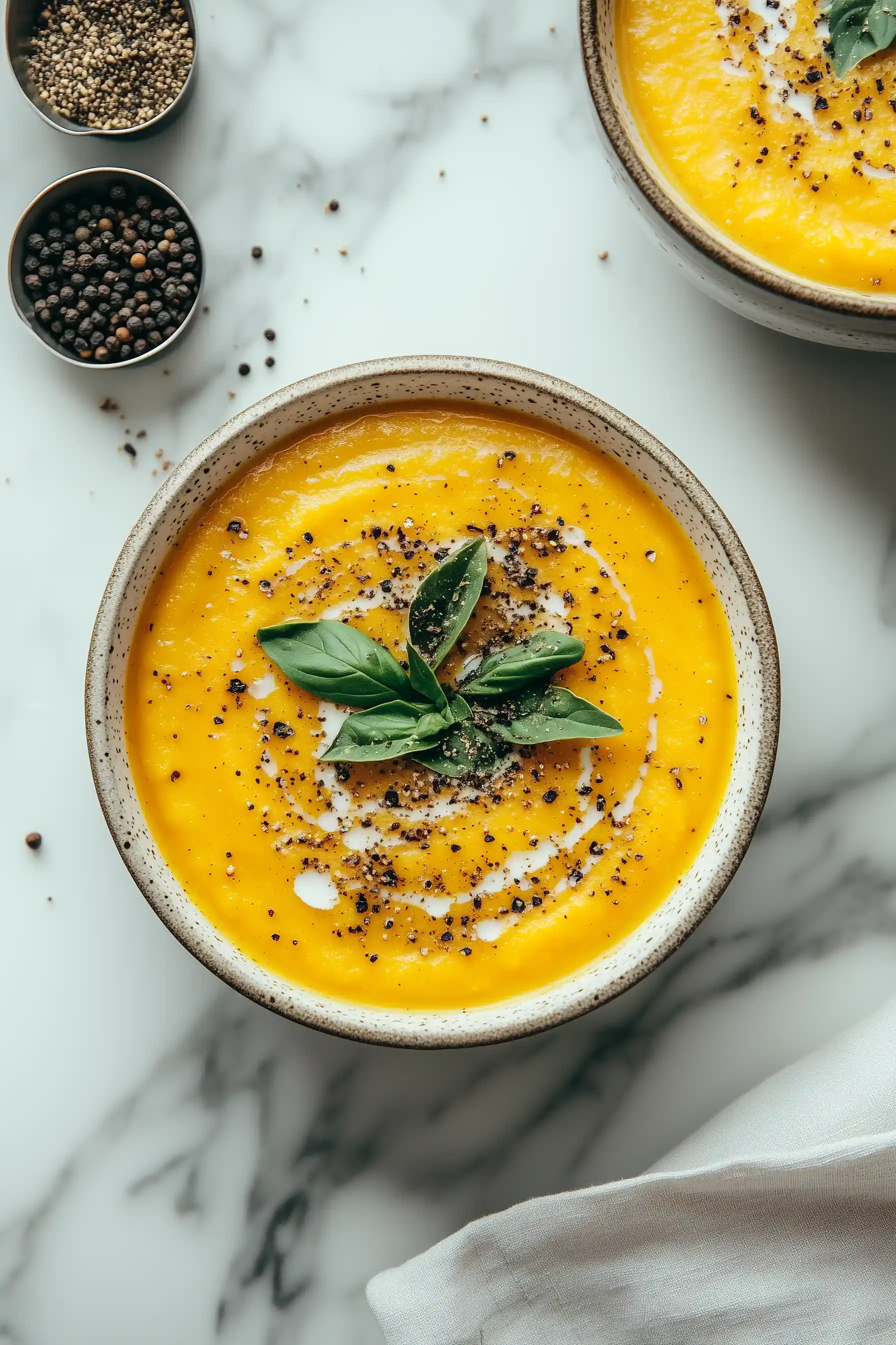 Две купи с Крем супа от печена тиква цигулка, украсена с бели капки, черен пипер и зелени листа, сервирана върху мраморна маса, на която се намират и две купички с черен и смесен пипер.