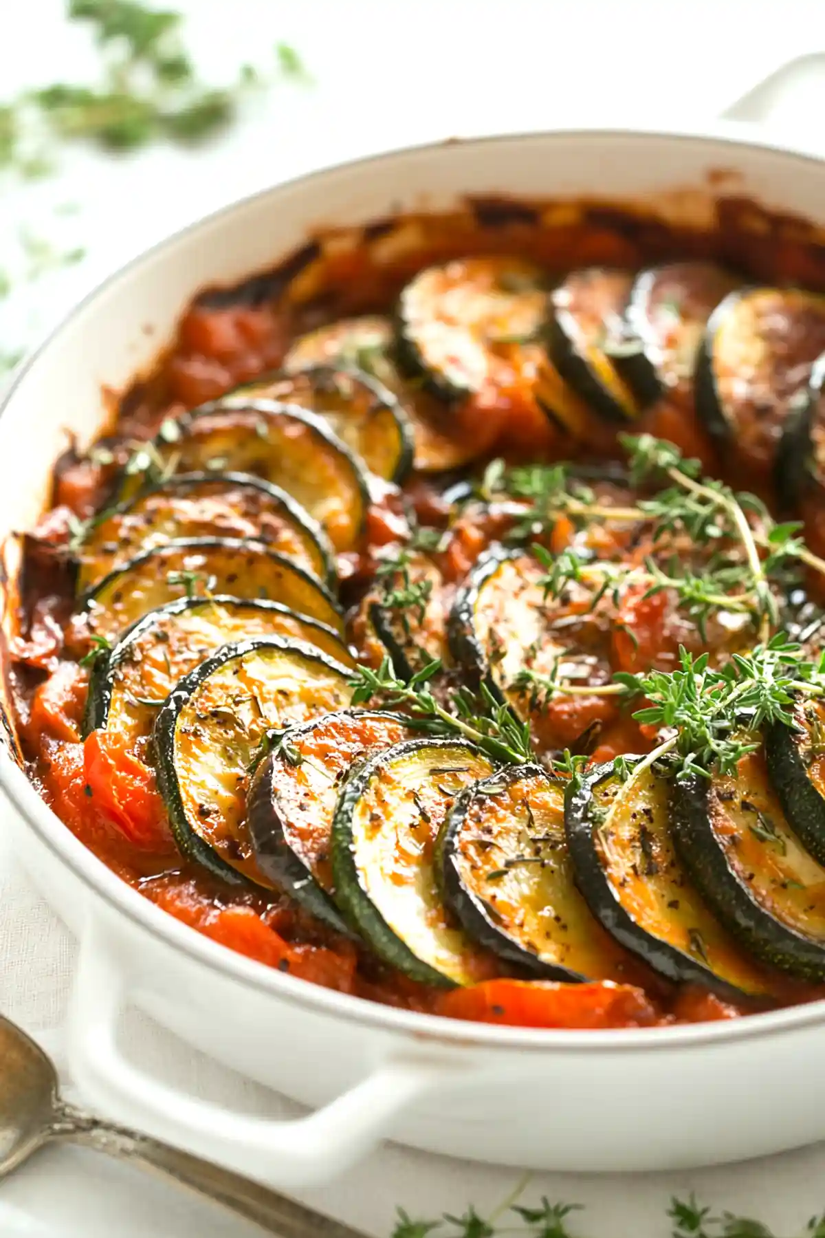 Рататуй с насложени резени тиквички и домати в бяла керамична тава с доматен сос и украсено с пресни стръкове тимиан поднесено върху бяла маса.