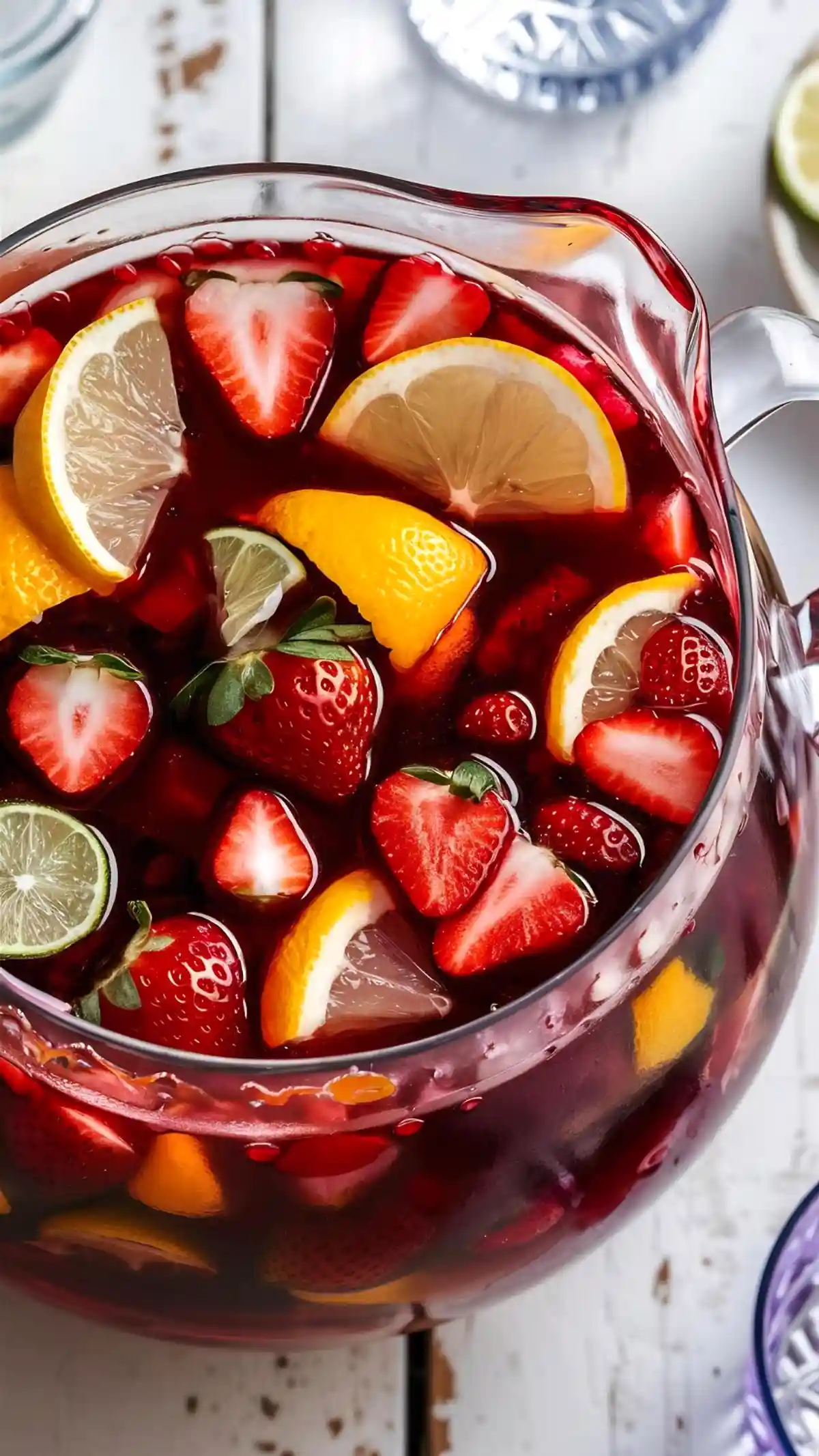 Голяма прозрачна стъклена кана, пълна със сангрия, украсена с резени пресни ягоди, лимон, лайм и портокал, потопени в червено вино на дървен маса с бял фон.