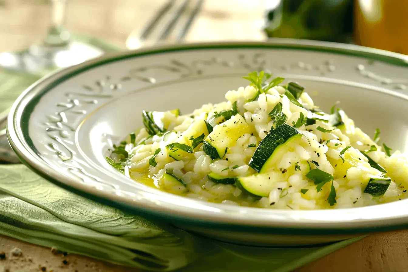 Фино италианско ризото, приготвено с крехки тиквички, ароматен пармезан и свеж магданоз. Всяка хапка предлага балансиран вкус между нежната кремообразност на ориза арборио и леката свежест на зеленчуците.