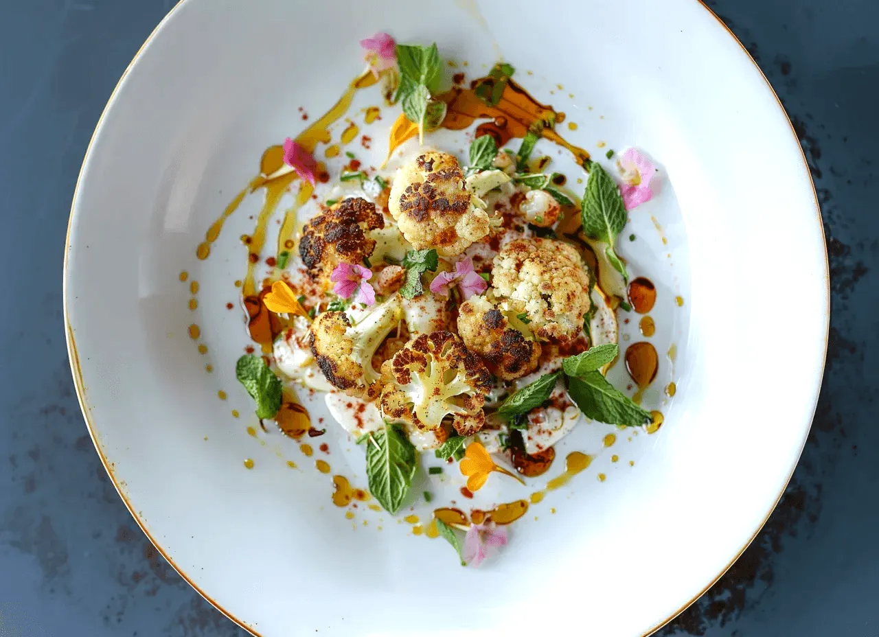 Изискано ястие, представено с крехки парчета печен карфиол, поднесени върху гладък йогуртов сос. Декорацията включва свежи листа от мента, капчици пикантно олио и ядливи цветя за естетика и финал.