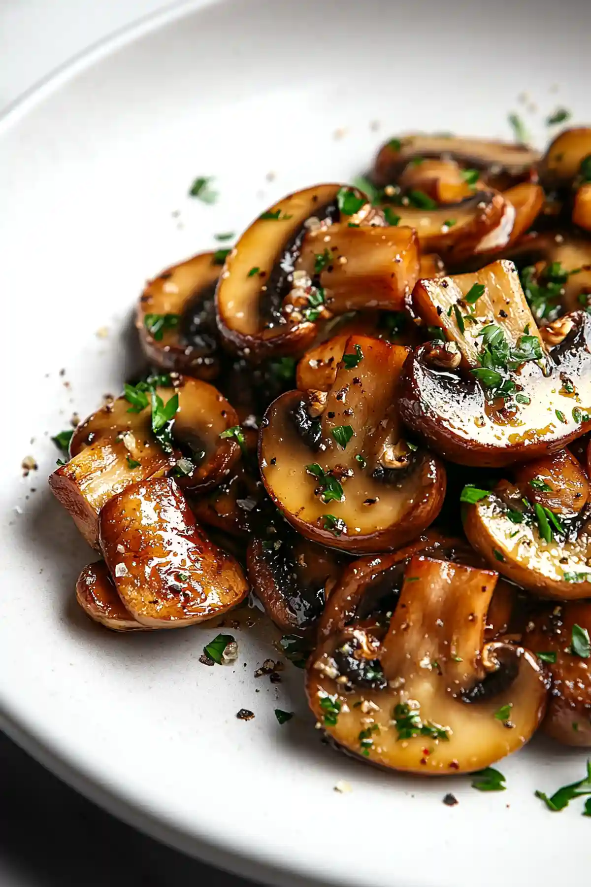 Запържени гъби, поднесени върху бяла чиния. Гъбите са поръсени с наситнен магданоз и подправки, което придава апетитен вид на ястието.
