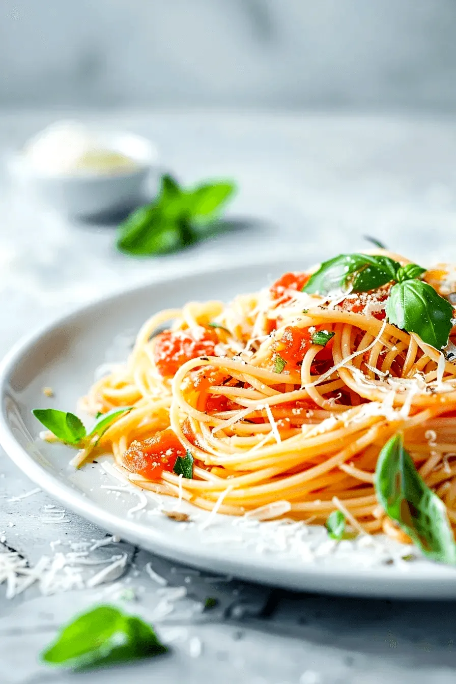 Апетитни спагети, нежно покрити с богат доматен сос, приготвен от узрели домати, чесън и зехтин. Ястието е гарнирано с прясно настърган пармезан и свежи листа босилек, които добавят ароматна свежест и автентичен италиански вкус.