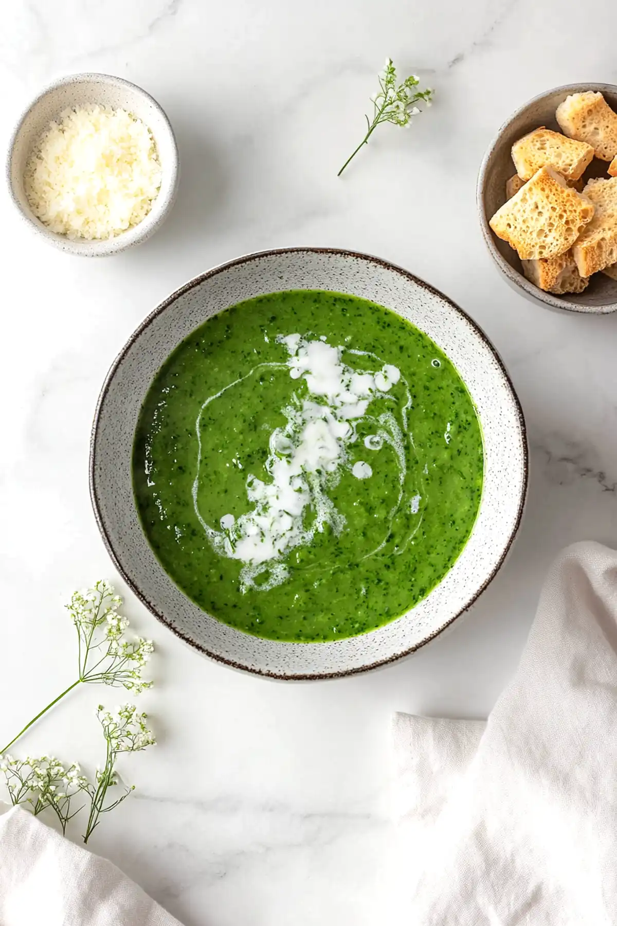 Кремообразна супа от спанак, гарнирана със сметана, поднесена с крутони и настърган пармезан.