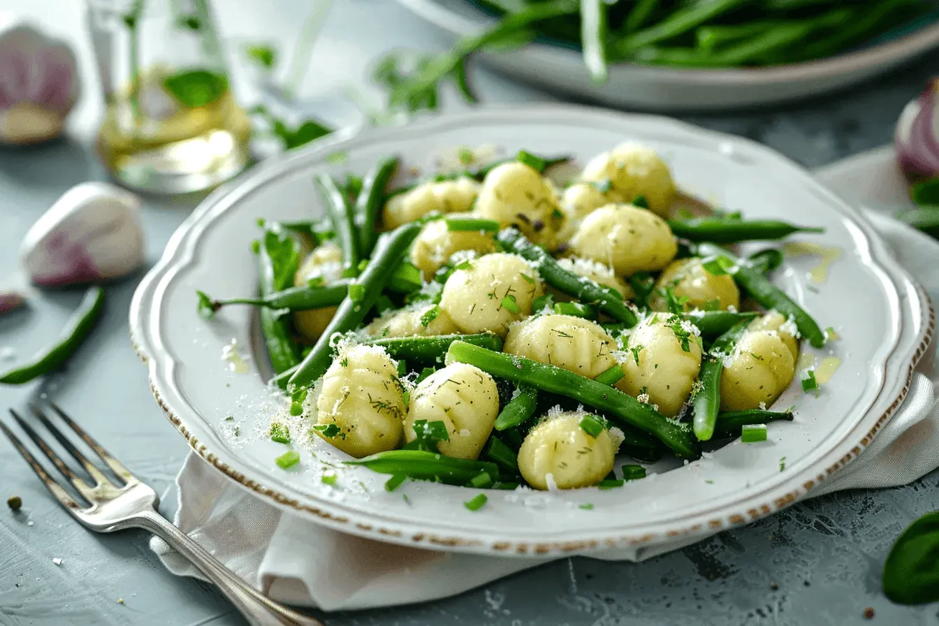 Изискано ястие, съчетаващо нежни гночки и свеж зелен фасул. Подправени със зехтин, чесън и пресни билки, гночките са завършени с настърган пармезан за кремообразен и леко солен вкус