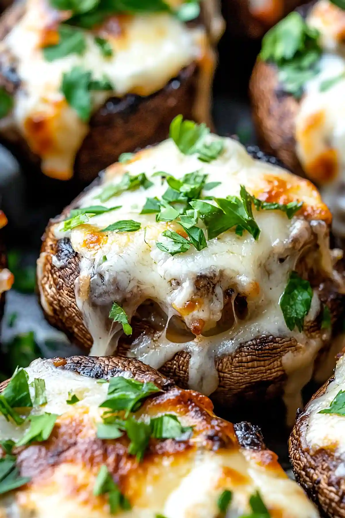 Печени пълнени печурки, залети със сирене моцарела и поръсени с прясно нарязан магданоз на тъмна подложка.