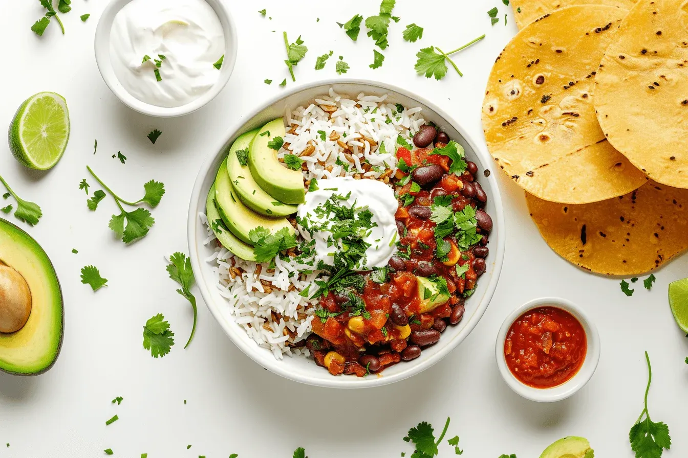 Цветна и питателна мексиканска купа, пълна с пухкав бял ориз, черен боб, свежо авокадо и ароматна доматена салса. Гарнирана с кремообразна заквасена сметана, кориандър и свежи лайм резени, тази купа предлага перфектен баланс между подправки и свежест.