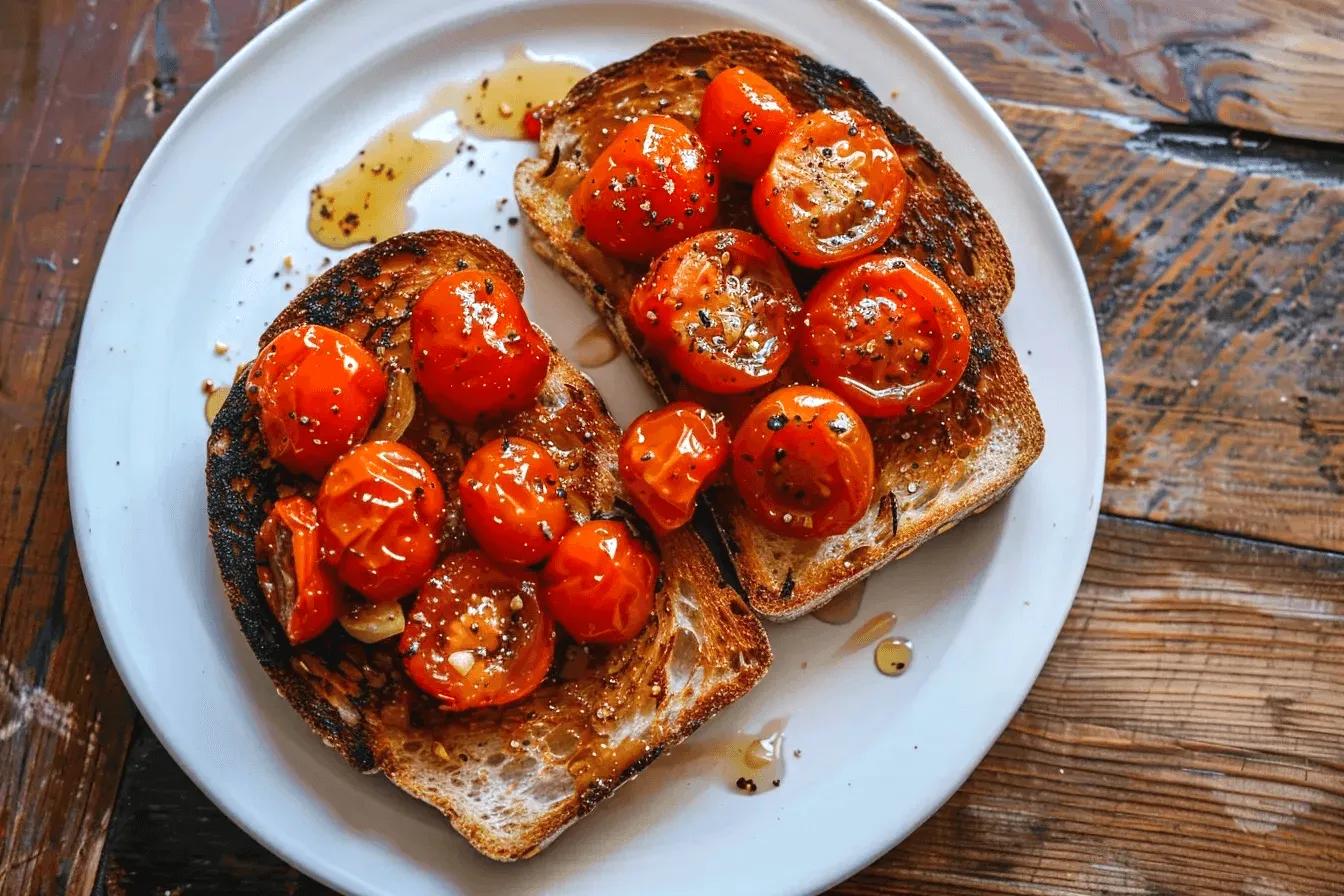 Апетитни филийки хрупкав хляб, препечени до златисто и покрити със сочни печени чери домати, ароматен зехтин и италиански билки. Лекият дъх на чесън и балсамова глазура придават допълнителна дълбочина на вкуса.