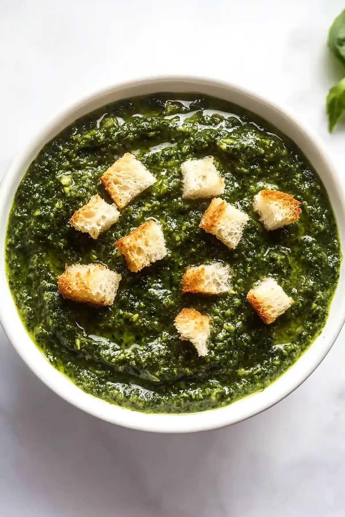 Бяла керамична купа, пълна с гъста зелена супа от спанак, украсена с кубчета хляб на повърхността.