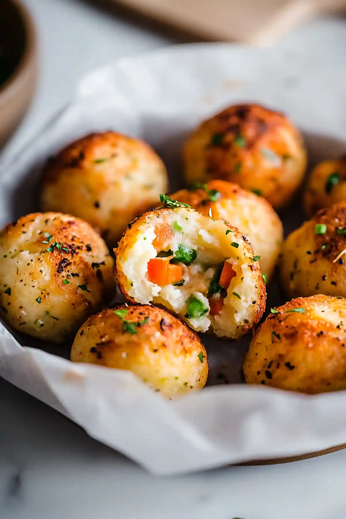 Картофени топки, запържени до златисто, с подправки и пълнеж от ситно нарязани зеленчуци като моркови и грах, сервирани в бяла керамична купа.