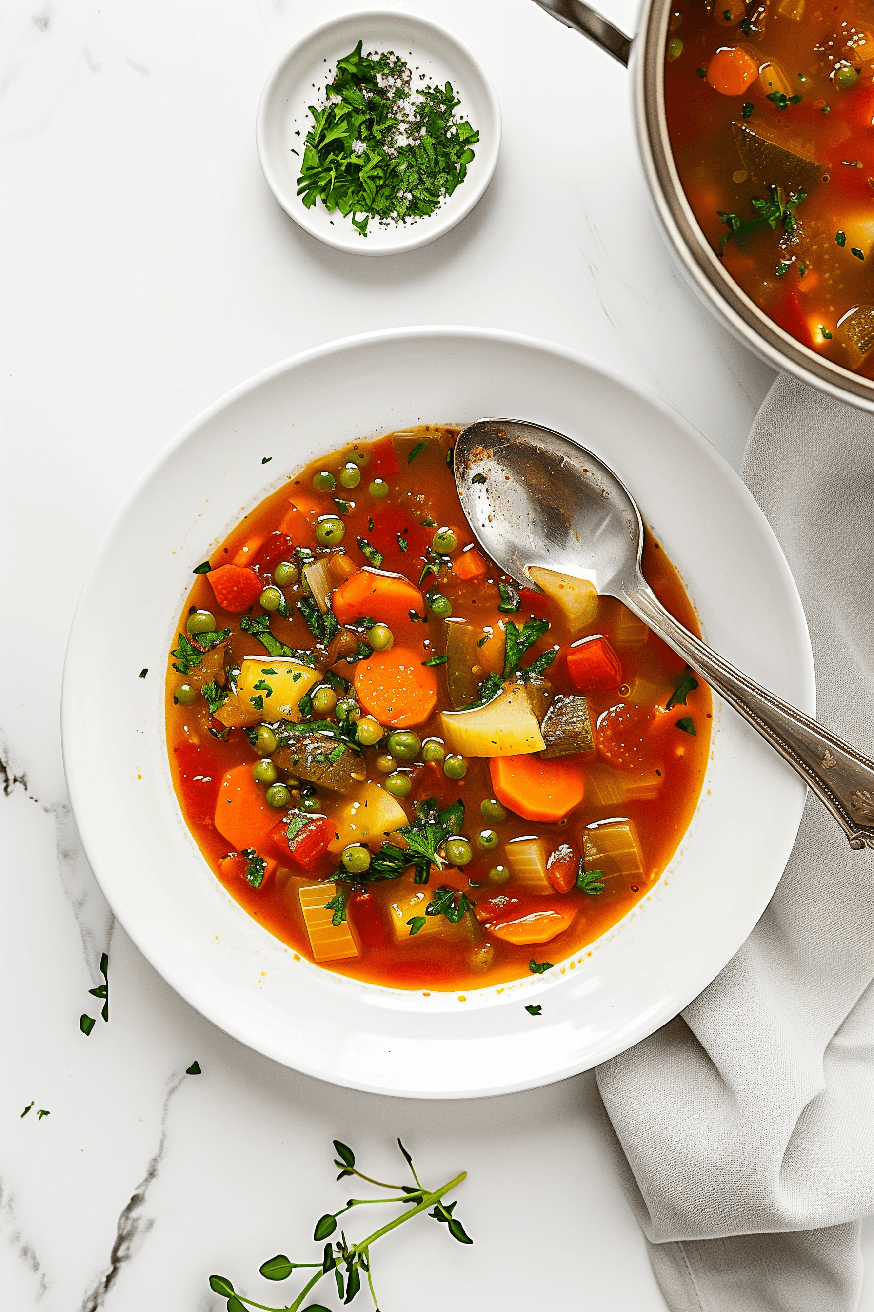 Порция зеленчукова супа в бяла порцеланова чиния на мраморна повърхност. В супата има моркови, картофи, грах, доматен бульон и подправки. До чинията има сребърна лъжица и малка купичка с нарязан магданоз и черен пипер.
