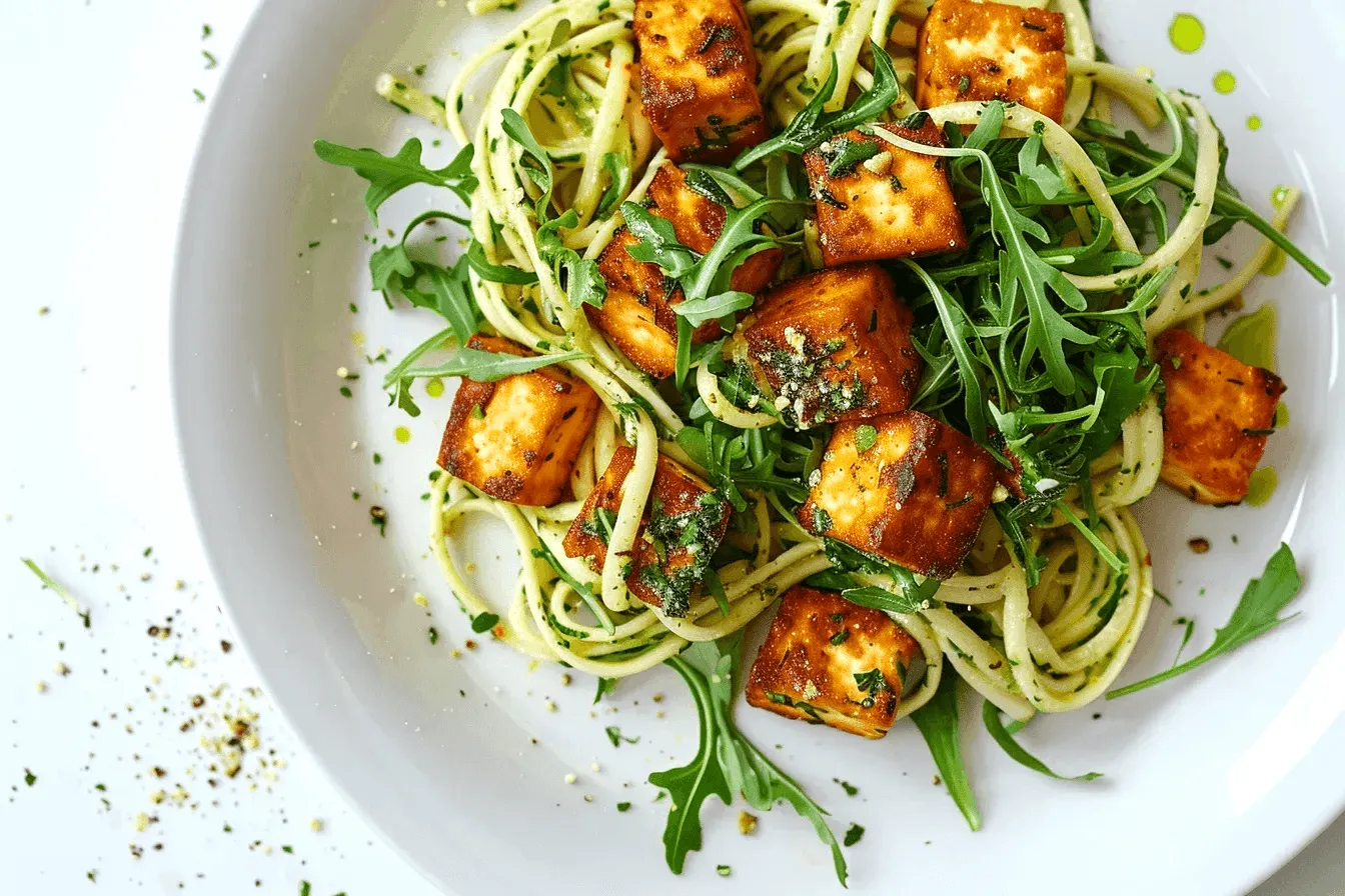 Свежа комбинация от спагети, гарнирани с рукола и апетитно хрупкаво тофу. Тофуто е овкусено с ароматен пикантен сос и поръсено с билки и подправки за завършен вкус. Ястието е идеално за вегетариански обяд или вечеря.