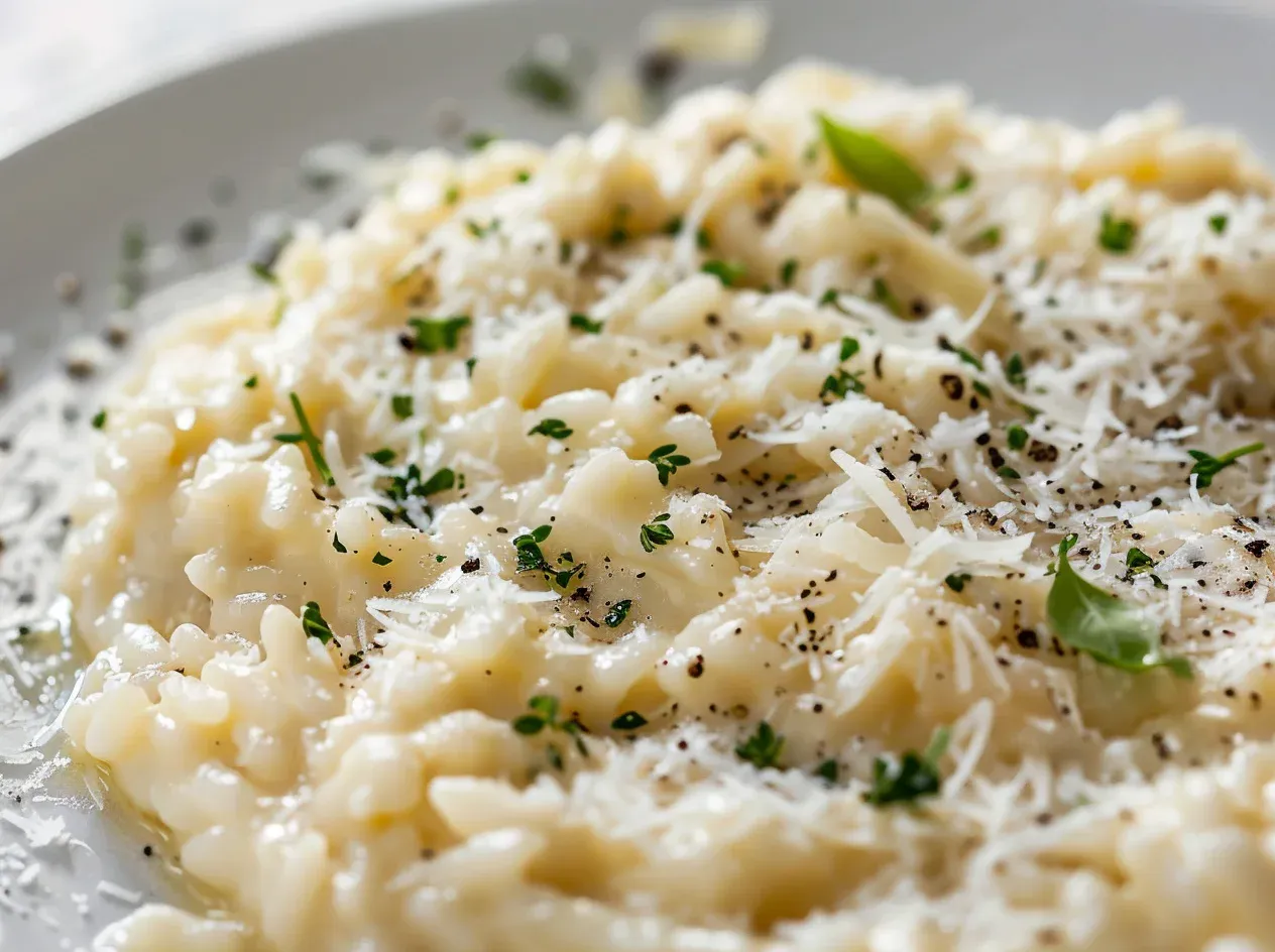 Снимка на кремообразно ризото, поръсено с настърган пармезан, черен пипер и ситно нарязан магданоз, поднесено в бяла чиния.