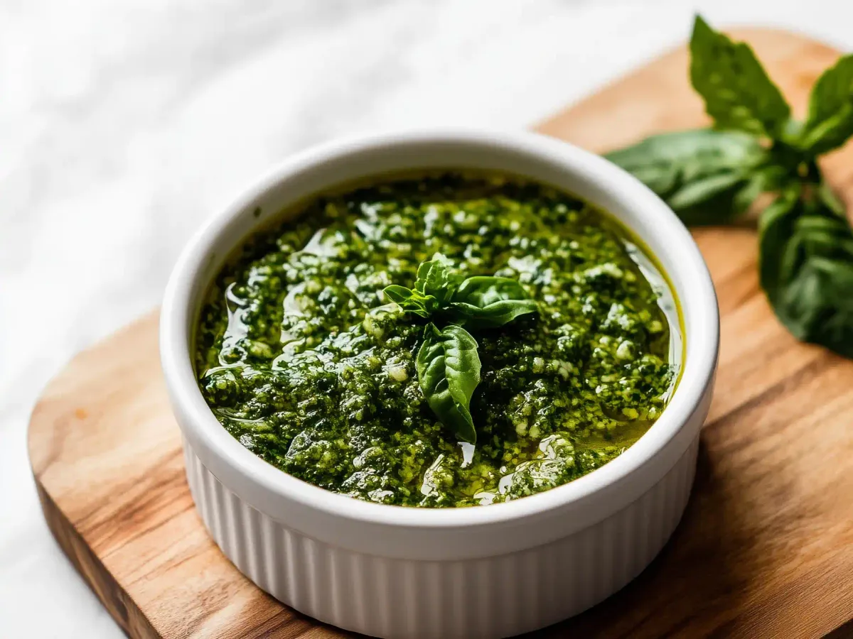 Снимка на купичка с прясно приготвено зелено босилеково песто, поставено на дървена дъска. Пестото е декорирано с листа босилек във върха. Фонът е бял и текстурата на пестото е видима, с леки следи от зехтин на повърхността.