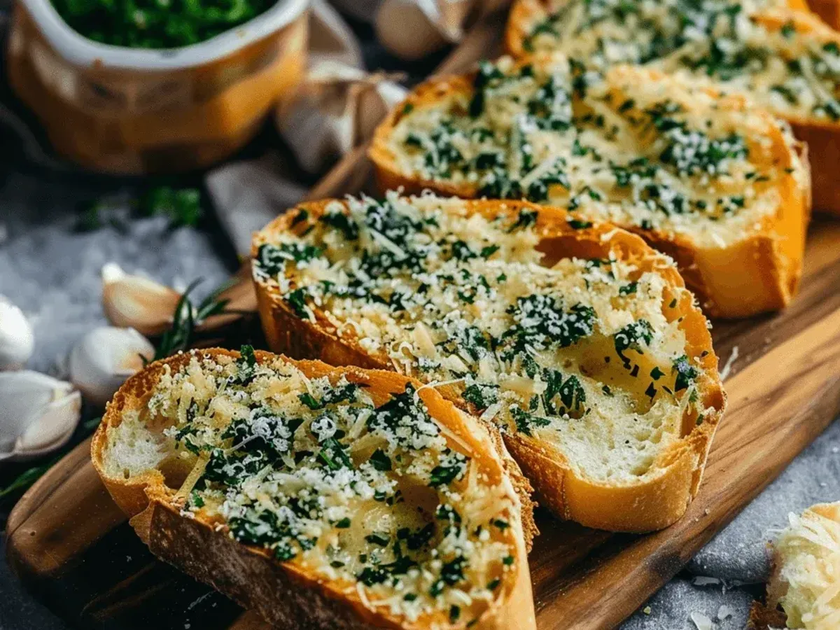 Филийки франзела с настърган кашкавал и зелени подправки, подредени върху дървена дъска със странични украси от стръкове пресен магданоз и непочистени скилидки чесън, изобразени в приглушени тонове с осветление, което подчертава текстурата на храната.