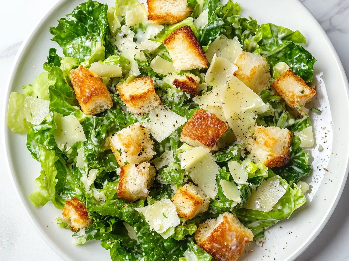 Салата на бяла чиния със зелена салата, настърган пармезан, златисти хрупкави крутони и черен пипер, осветена с ярка, външна светлина.