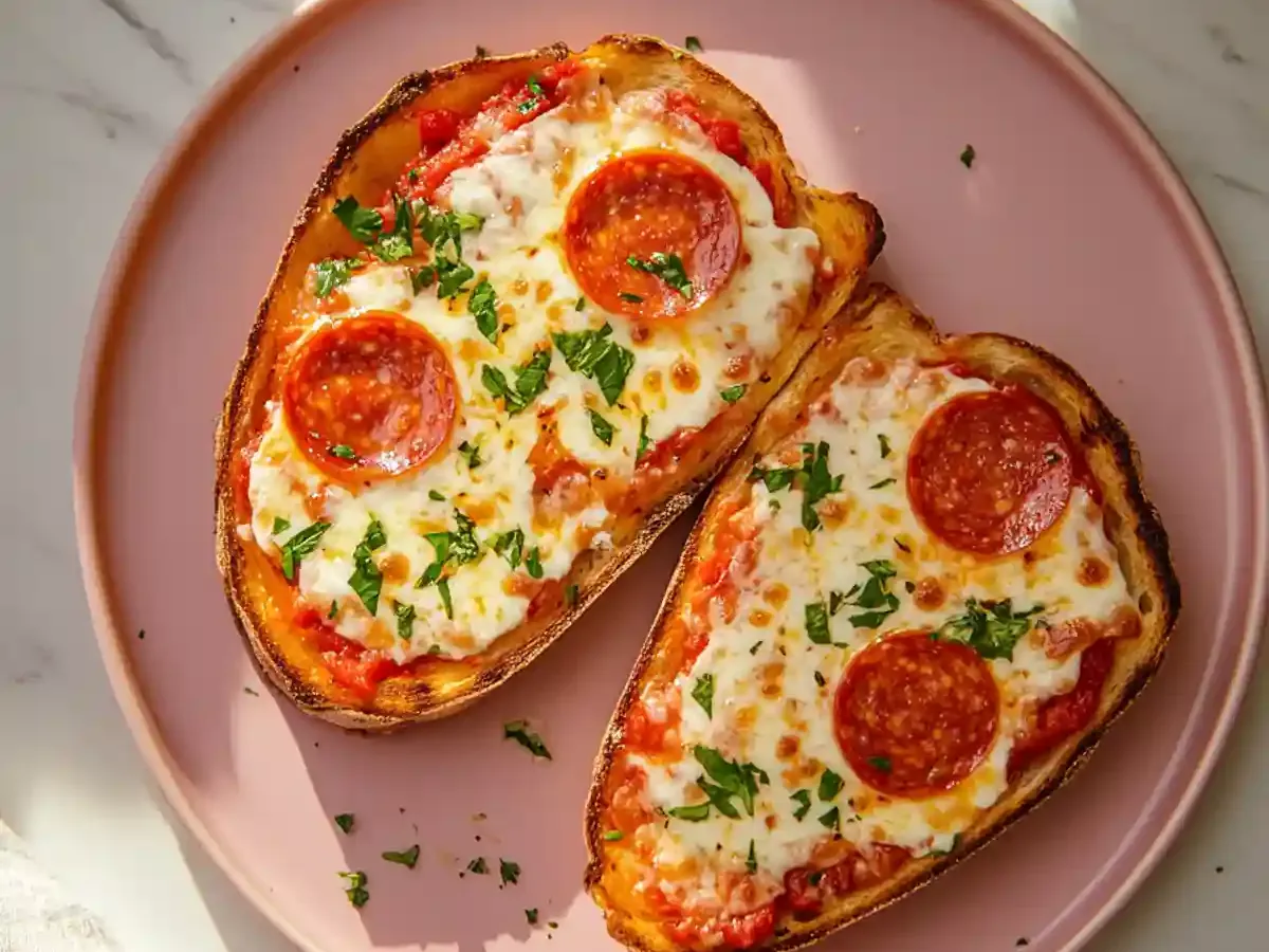 Две филии препечен хляб, покрити с доматен сос, настъргано сирене, нарязани филийки пеперони и поръсени със ситно нарязан пресен магданоз, сервирани на светлорозова чиния.