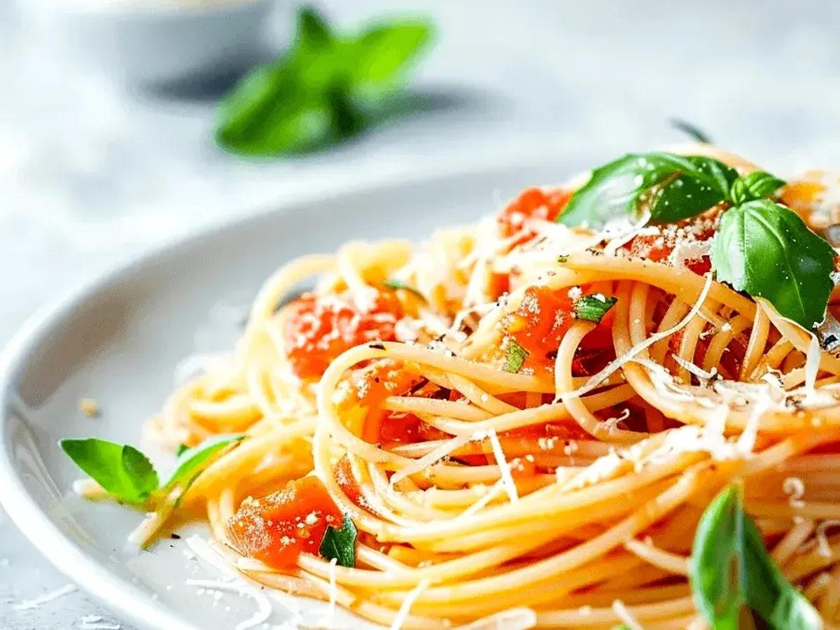 Порция спагети със сос от домати, поръсени с настърган пармезан и украсени с пресни листа босилек, сервирана в бяла плитка чиния на светъл фон.