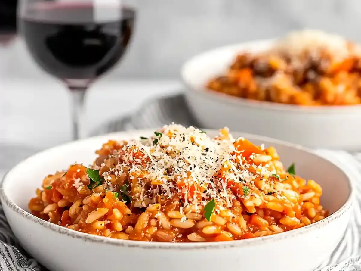 Керамична чиния със сготвен ориз в стил ризото, поръсен с настърган пармезан и билки, на фона на друга чиния със същото ястие и стъклена чаша с червено вино в замъглен фон.